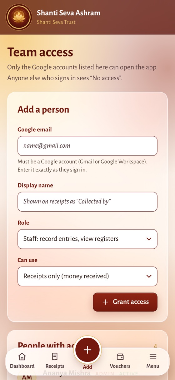 Team access screen on a phone