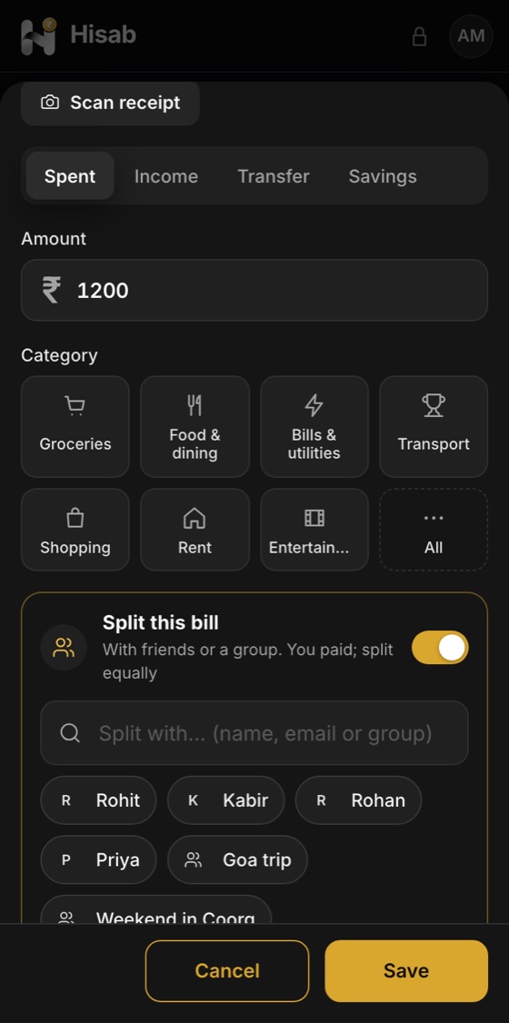 Hisab on a phone: Add a spend and split it in the same step