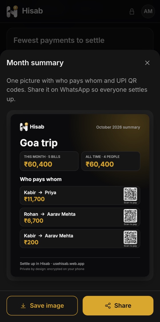 Hisab on a phone: Share one summary picture of who pays whom