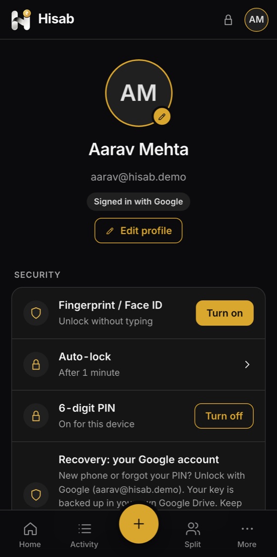 Hisab on a phone: Fingerprint or Face ID, auto-lock and a PIN