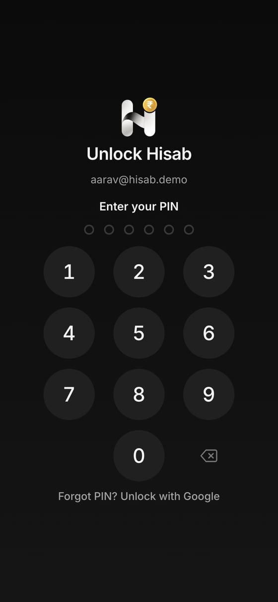 Hisab on a phone: Unlock with a PIN or fingerprint