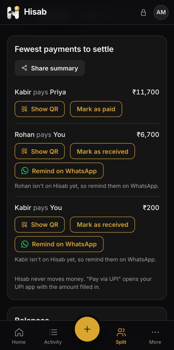 Hisab on a phone: Remind someone on WhatsApp to pay