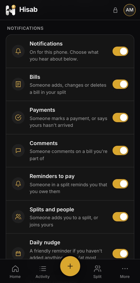Hisab on a phone: Notifications when someone adds a bill or pays