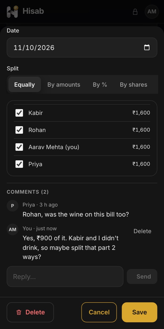 Hisab on a phone: Split by shares, and talk it through in comments