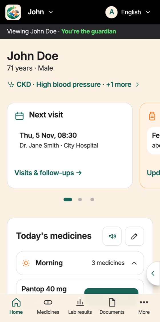 Jatna Parivar on a phone: Home: what's next, today's medicines, nothing empty