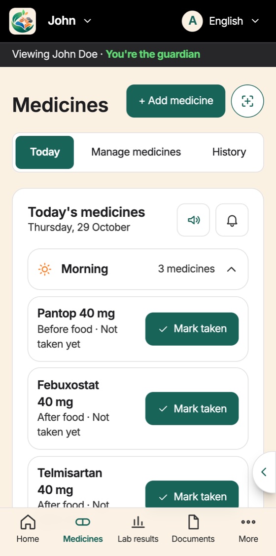 Jatna Parivar on a phone: Doses grouped by time of day, one tap to mark taken