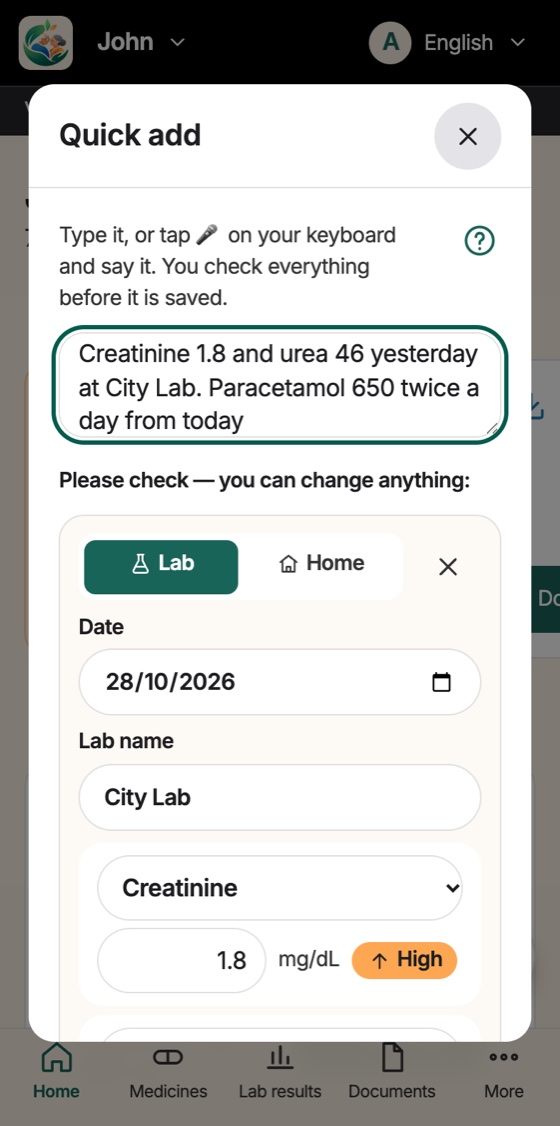 Jatna Parivar on a phone: Quick add: type it in your own words, check before saving