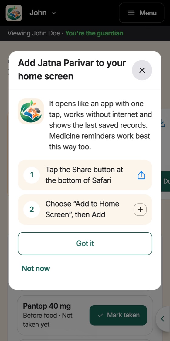 Jatna Parivar on a phone: Installs like an app, in two pictured steps on iPhone