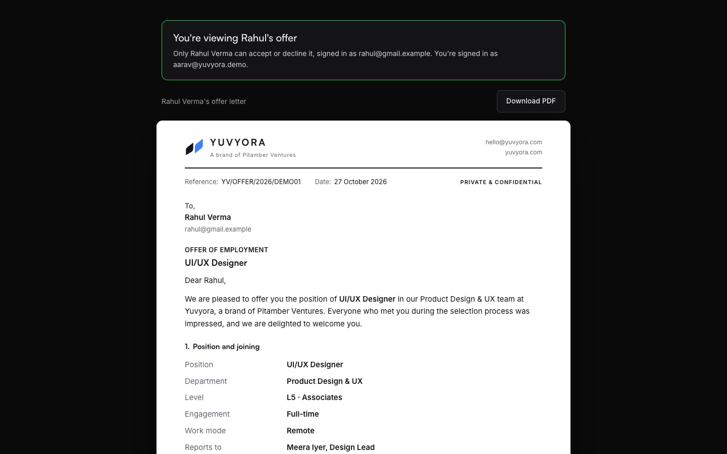 An offer letter on a laptop